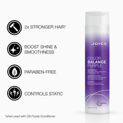 Joico Color Balance Purple Shampoo bottle shows brassy tone reduction in routine use.