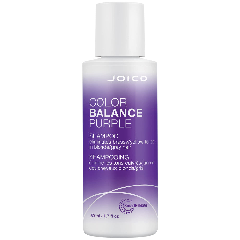 Joico Color Balance Púrpura vertiendo la botella para neutralizar tonos amarillos.