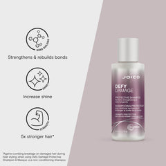 Joico Defy Damage Shampoo: manos formando espuma, cabello limpio y suave.
