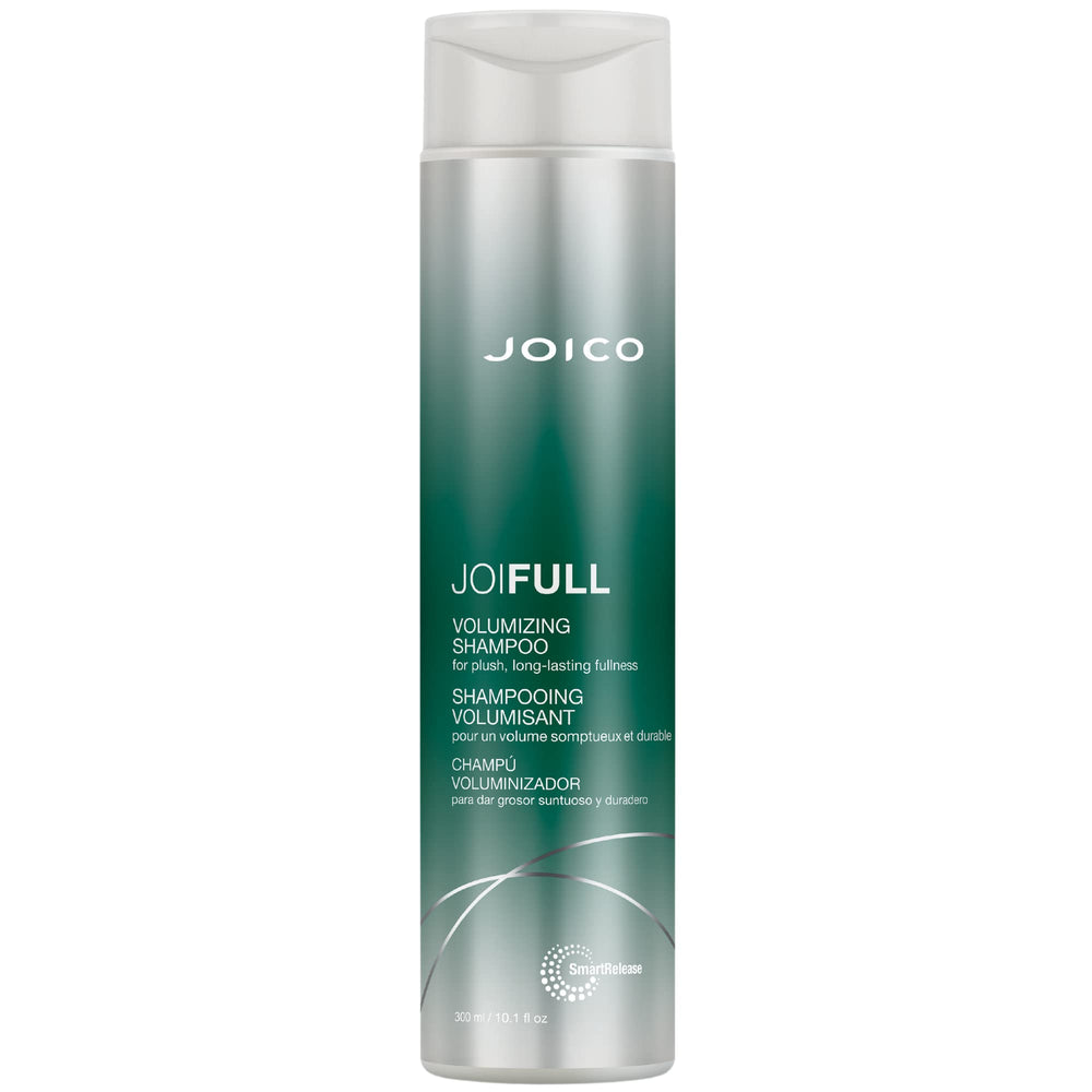 Joico JoiFULL bottle pour demonstrates gentle cleansing for fine hair.