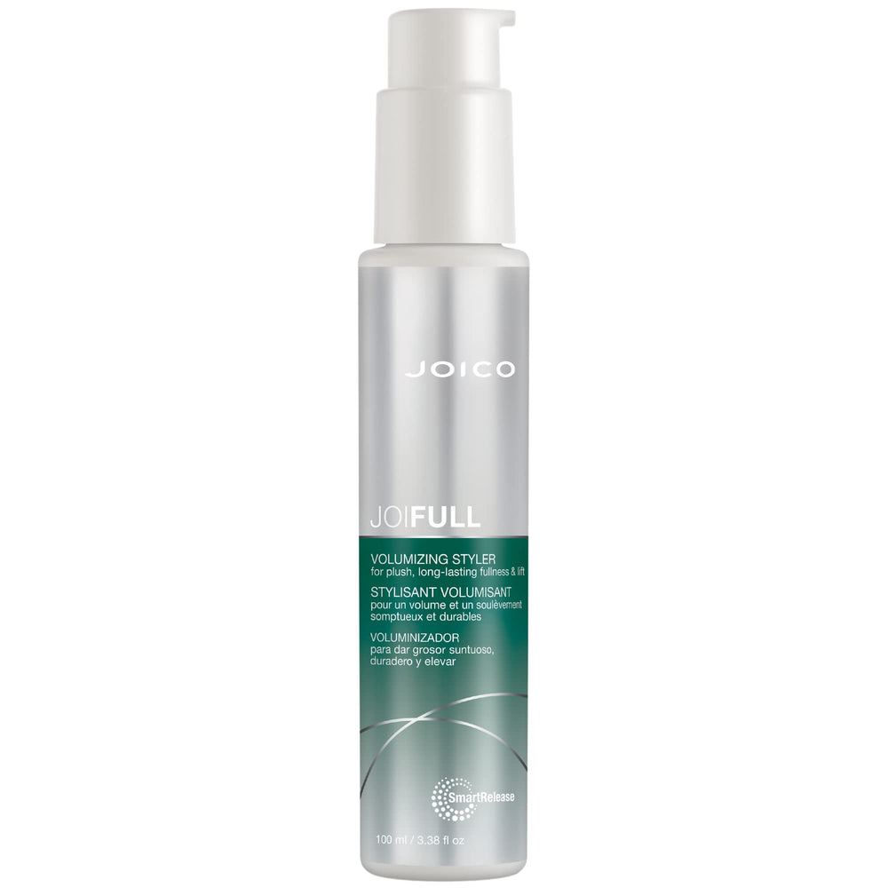 Joico JoiFULL volume-styler bottle shown, delivering instant body for fine hair.