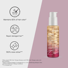 Joico K-PAK Color Therapy Luster Lock oil closeup highlights nourishing actives.