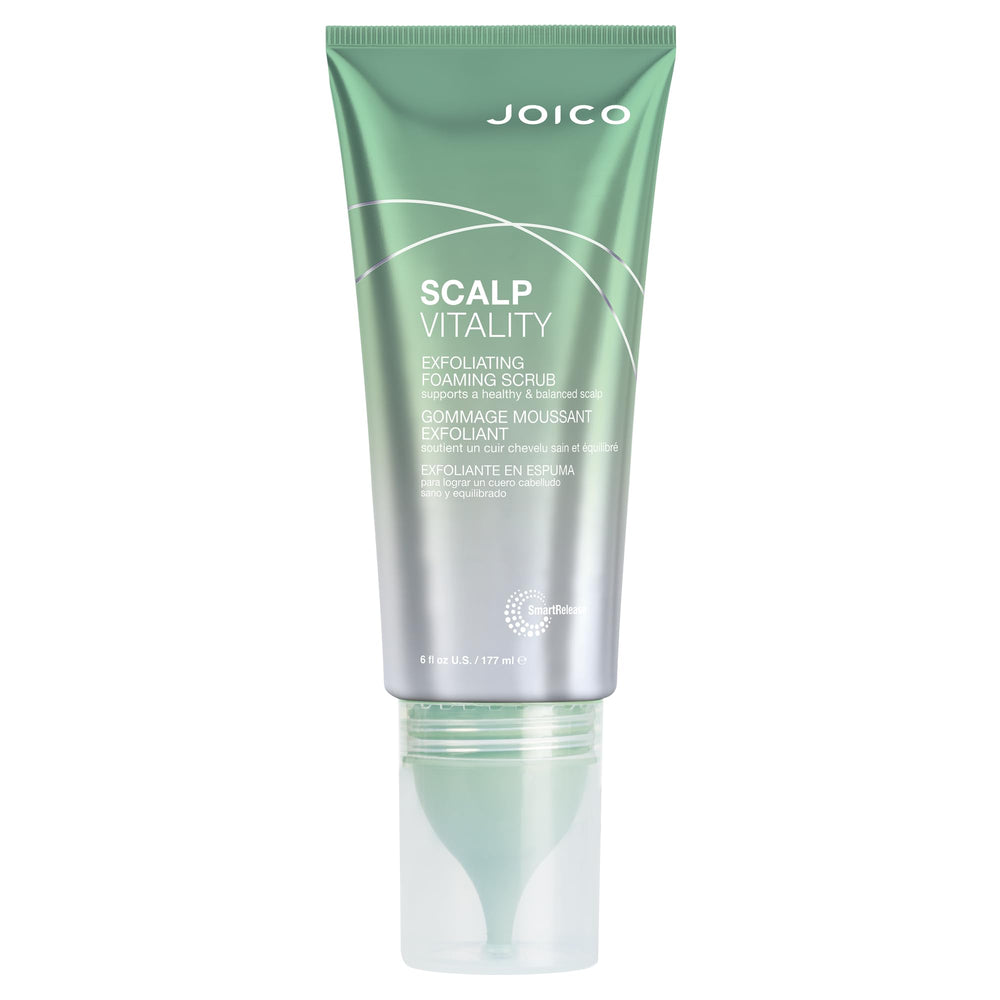 Joico Scalp Vitality exfoliating scrub bottle pump for easy application and cleansing.