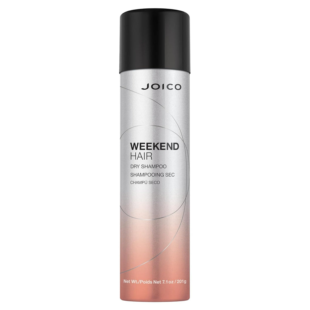 Joico Weekend Hair Dry Shampoo bottle close-up shows oil-absorbing action and color protection