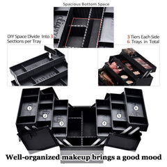 Joligrace makeup train case open trays demonstrates six adjustable compartments for tidy setup.