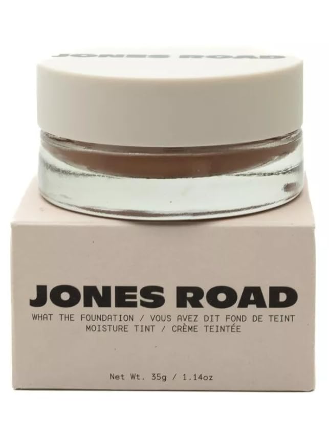 Jones Road What The Foundation beige bottle close-up shows creamy texture for natural coverage