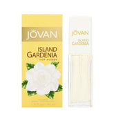 Jovan Island Gardenia bottle front view with pale golden juice.