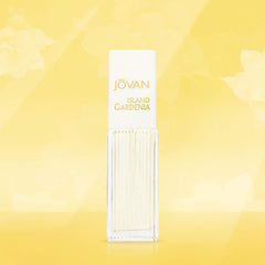 Jovan Island Gardenia bottle showing warm sandalwood base note.