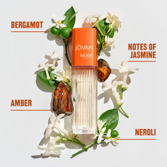 Jovan Musk for Women bottle side highlights compact travel-friendly size.