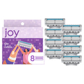 JOY women razor refills in purple packaging for close, comfortable shaves.