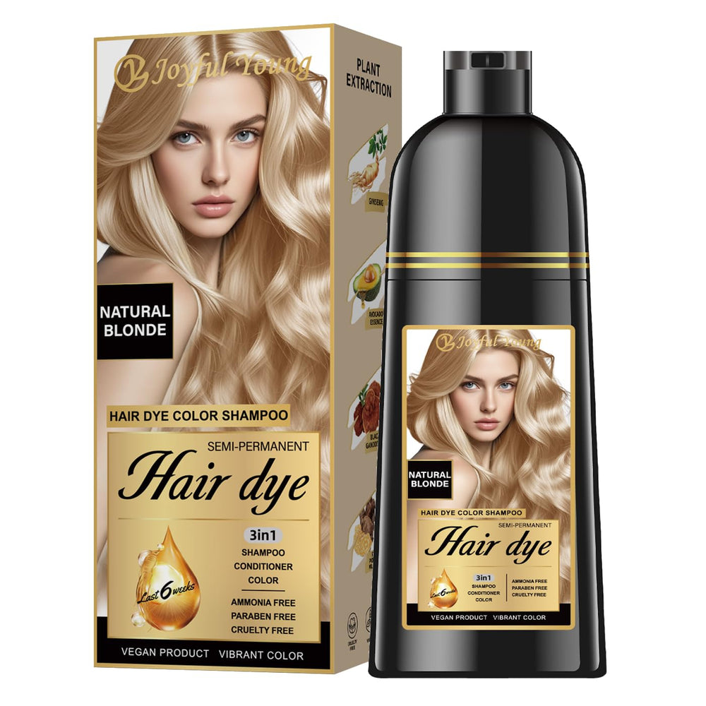 Joyful Young Hair Dye Shampoo bottle shows natural blonde tone for gray blending.