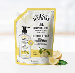 Botella de jabón para manos de J.R. Watkins con fragancia cítrica y limpieza suave.