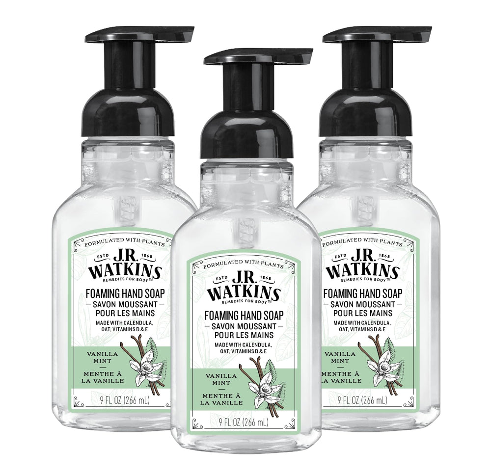 J.R. Watkins jabón espuma con dispensador para un lavado de manos suave y cómodo.
