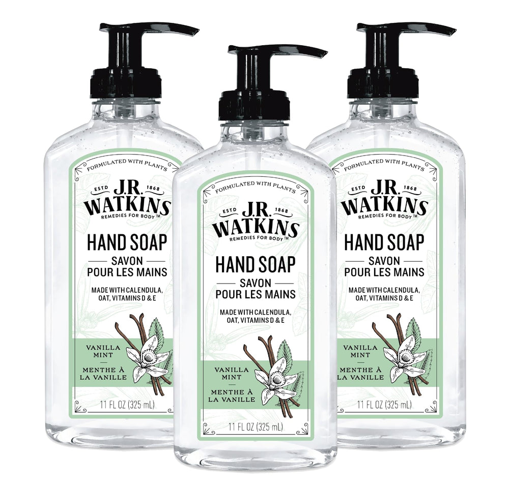 Gel de manos J.R. Watkins Vainilla Menta, paquete 3x11 onzas, limpieza suave.
