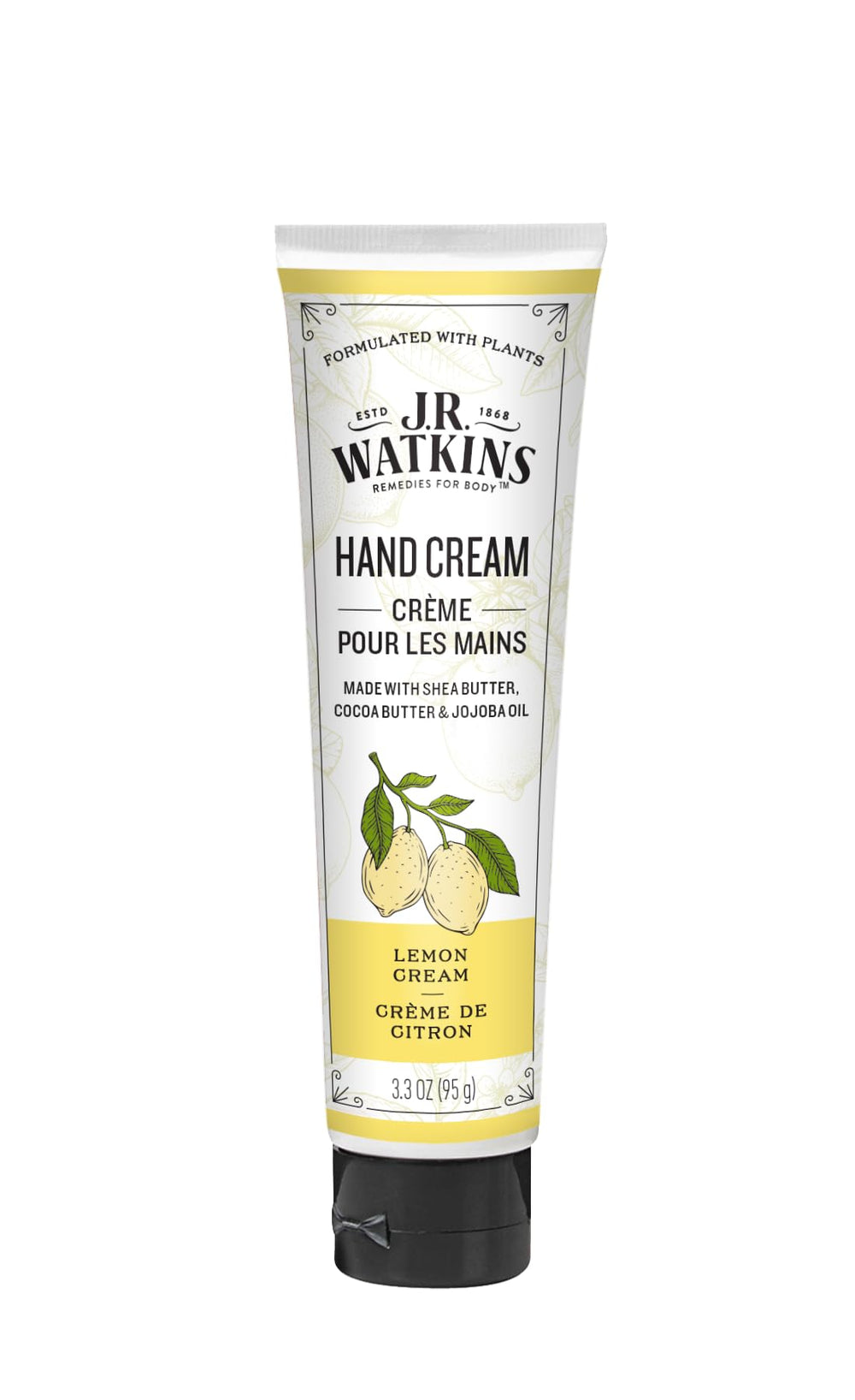 J.R. Watkins Lemon Cream hand-cream-front supports soft, hydrated hands.