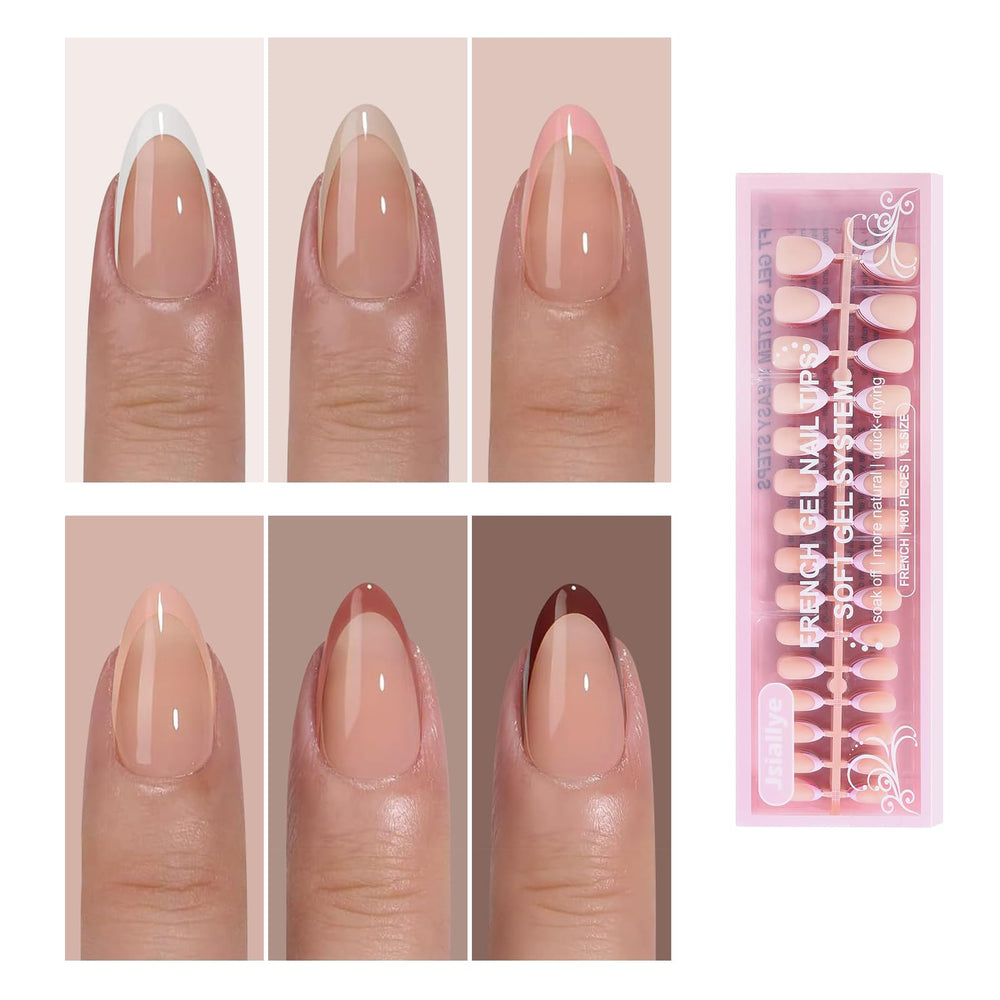 Uñas press-on Jsiallye con punta francesa suave en almendra para un look elegante