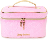 Juicy Couture pink makeup bag with Velour Heart logo for stylish travel organization.