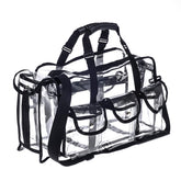 Jula Vance professional clear PVC makeup kit organizer front view with six external pockets for quick access.