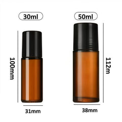 Junfamilee brown glass roller bottle with cap removed demonstrates refillable design for fragrances.