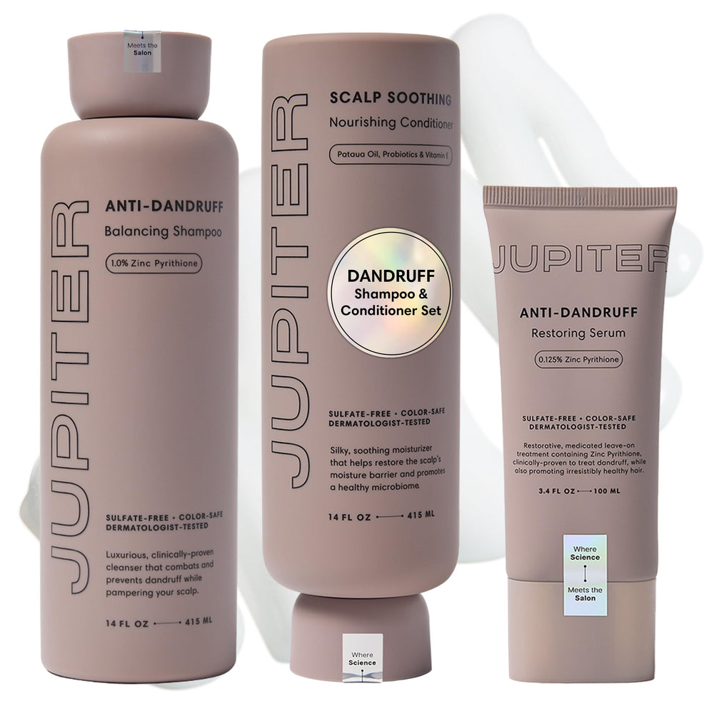 Jupiter Balance Shampoo bottle shows color-safe, sulfate-free formula for flaky scalp relief.