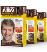 Just for Men Control GX shampoo bottle shows gradual grey reduction for lighter hair.