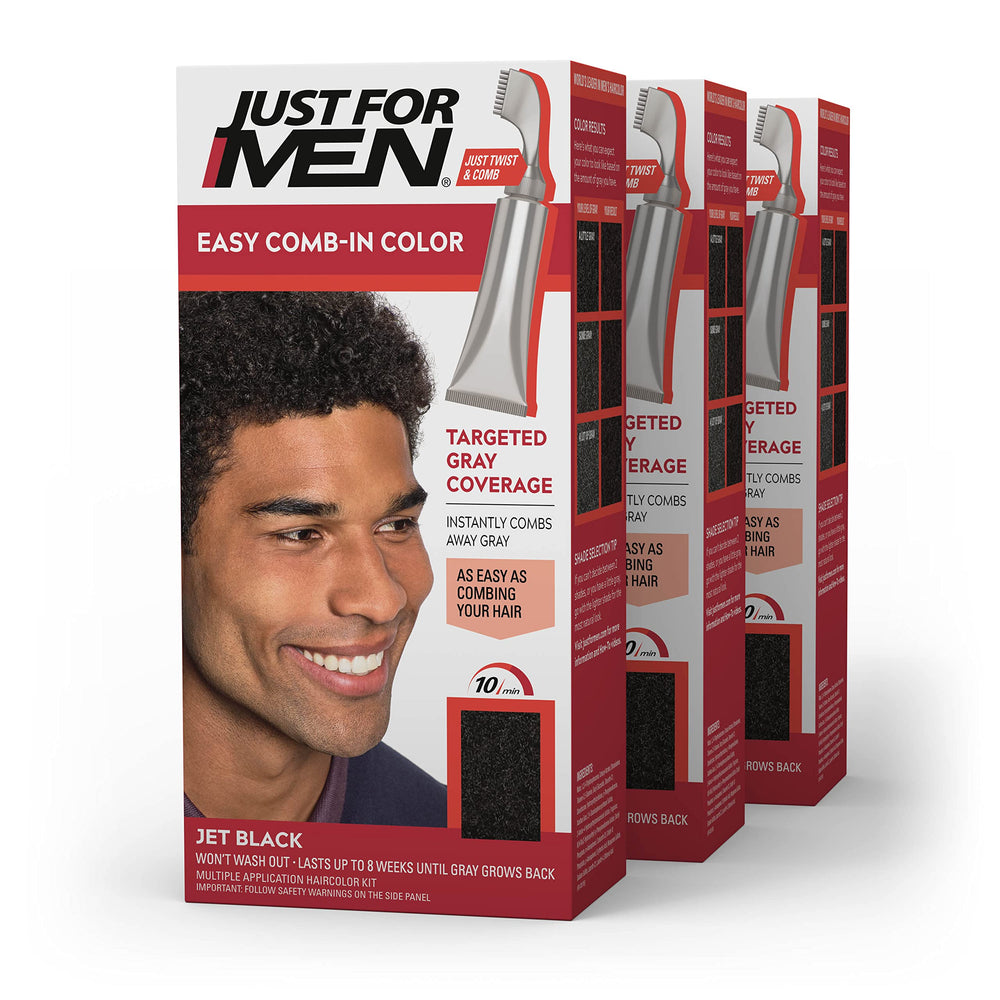 Just For Men Easy Comb-In Color Jet Black tube and comb applicator for quick gray coverage.