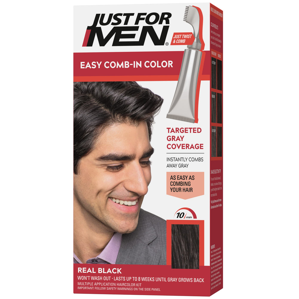 Just For Men Easy Comb-In Color Real Black tube and comb packaging for quick gray coverage.