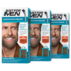 Just For Men mustache and beard color kit in a 3-pack for easy gray coverage.