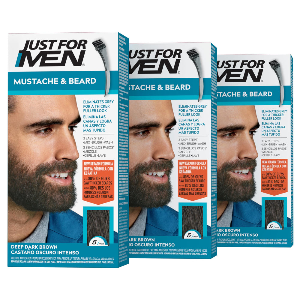Just For Men Mustache & Beard M-46 three-pack in deep dark brown for even gray coverage