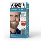 Just For Men mustache and beard light brown box close-up showing gray coverage option