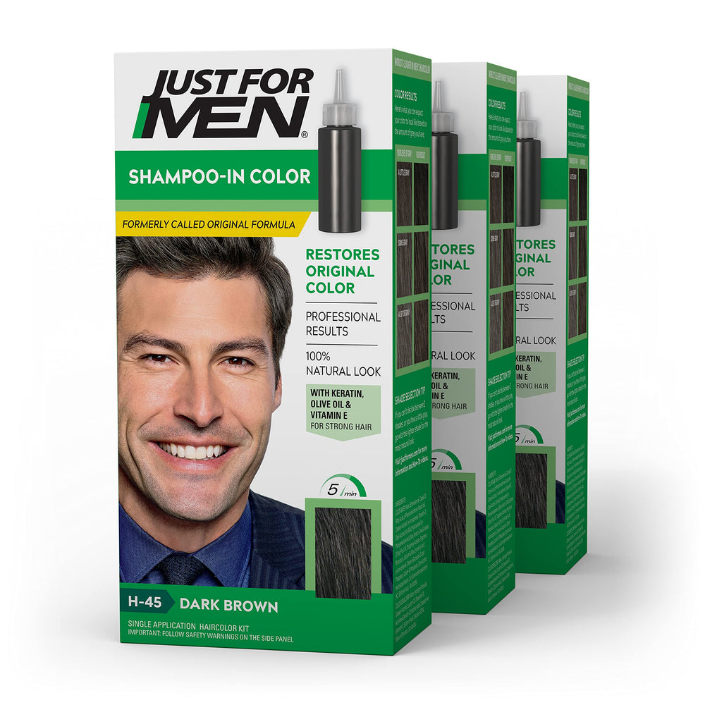 Just For Men Shampoo-In Color dark brown bottle pour for quick color application