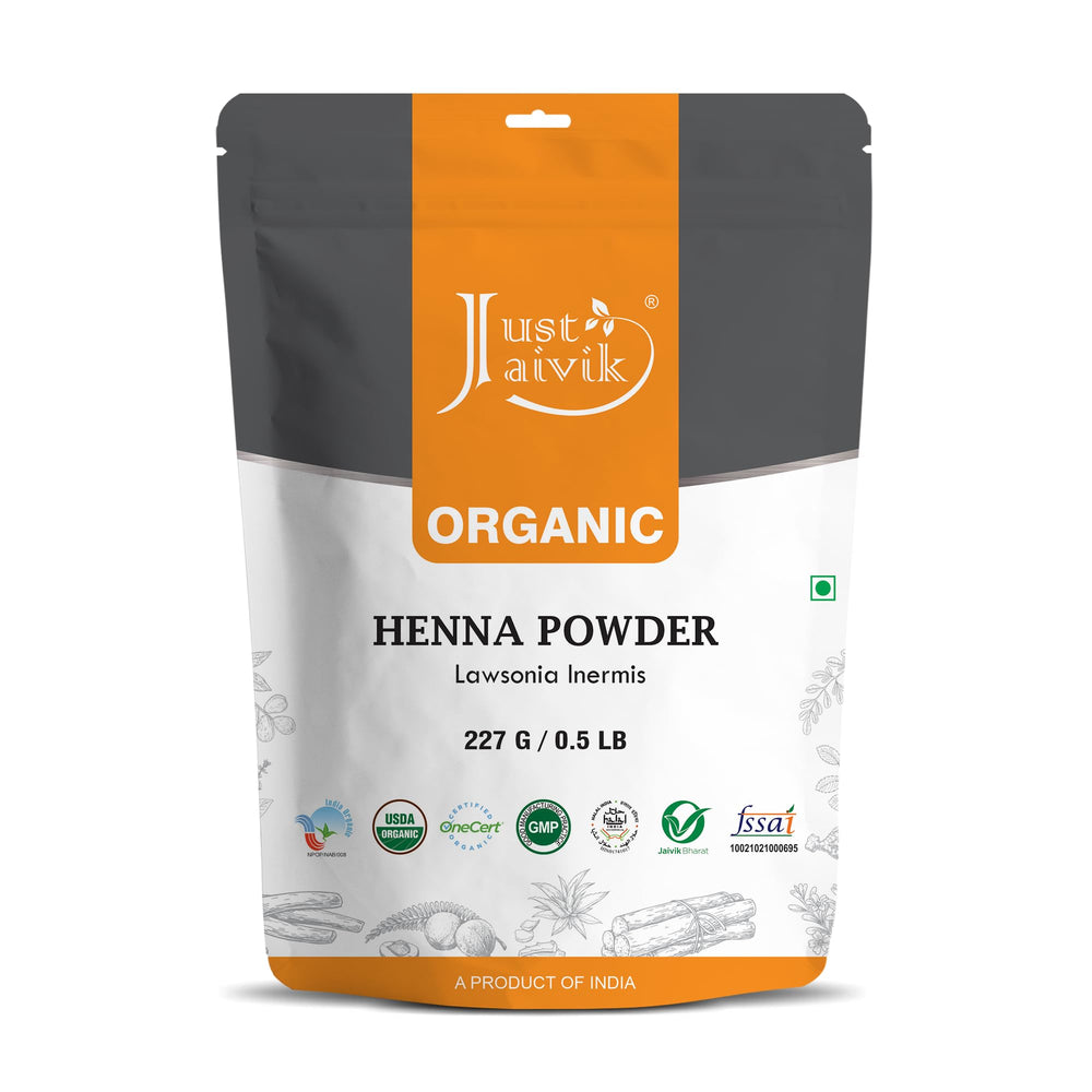 Just Jaivik Henna Powder packaging showing organic color with no chemicals.