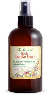 Just Nutritive Body Nutritive Serum bottle showing hydrated skin glow.