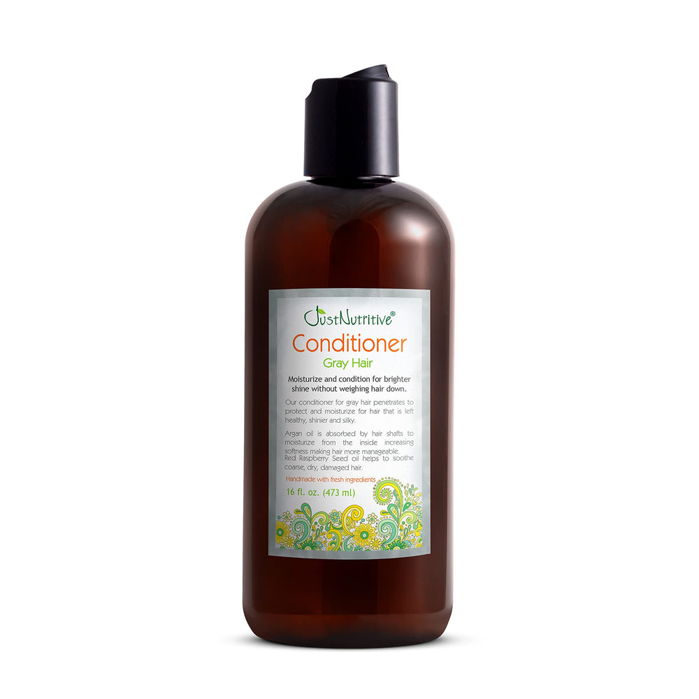 Just Nutritive gray hair conditioner bottle promoting brighter gray tones.