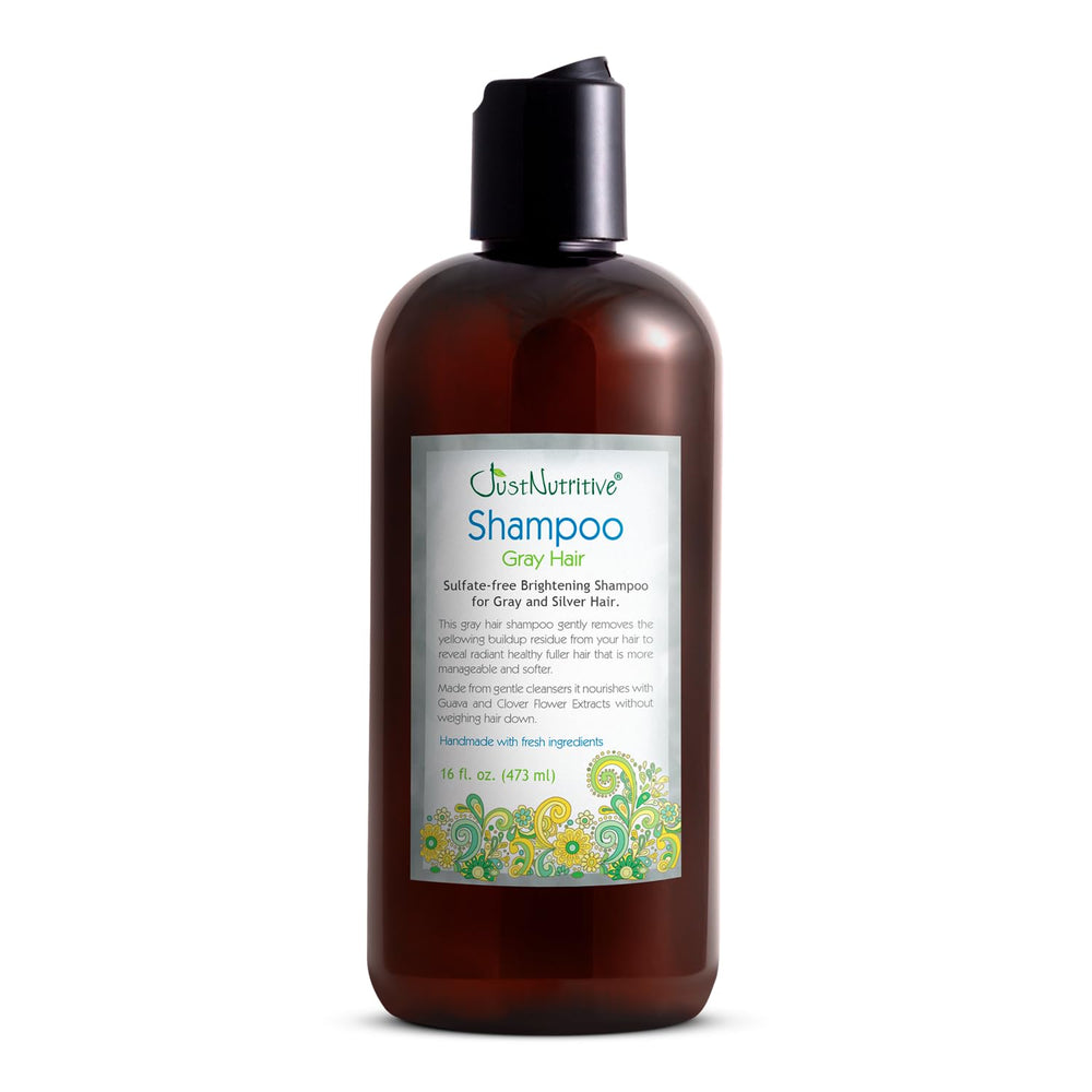 Just Nutritive Gray Hair Shampoo bottle showing color-safe cleansing for gray hair.