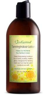 Just Nutritive Indoor Tanning Lotion bottle demonstrates a hydrating, non-bronzing formula for extended tan.
