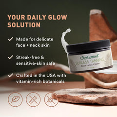 Just Nutritive sunless tanning daily facial cream swatch on skin for a bronze, even tone.