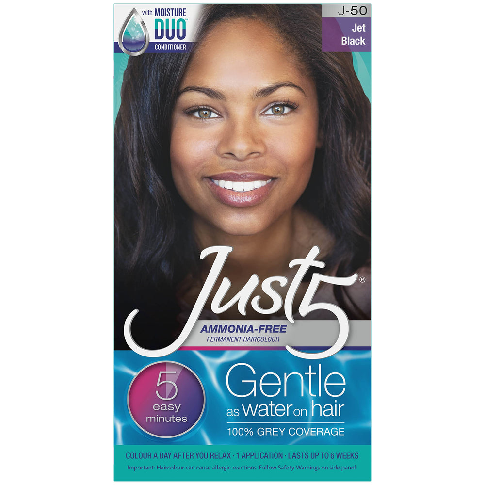 Just5 jet black color box and tube showing easy at-home gray coverage.