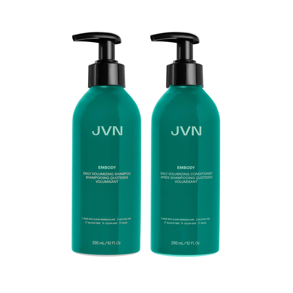 JVN Embody volumizing shampoo bottle shows fuller hair and color-safe cleansing