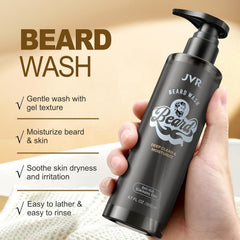JVR beard conditioner bottle with pump indicating detangling and shine.