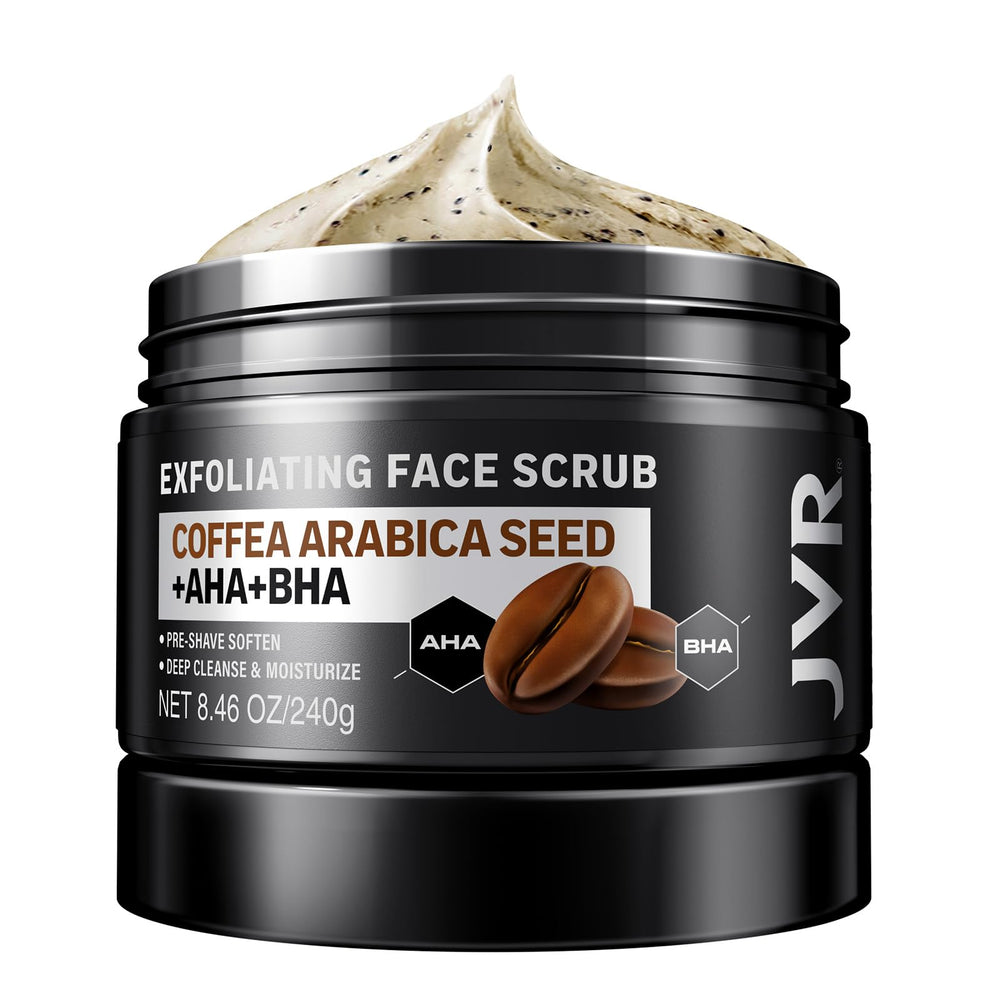JVR Face Scrub bottle front showing coffee-based exfoliant for deep cleansing.