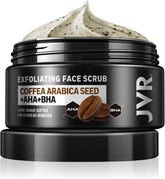 JVR Face Scrub en frasco, exfoliación suave para poros limpios.