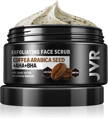 JVR Face Scrub en frasco, exfoliación suave para poros limpios.