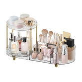 Jywantful rotating makeup organizer on vanity for easy access to cosmetics.