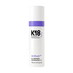 K18 AirWash Dry Shampoo bottle closeup highlighting non-aerosol formula for quick refresh.