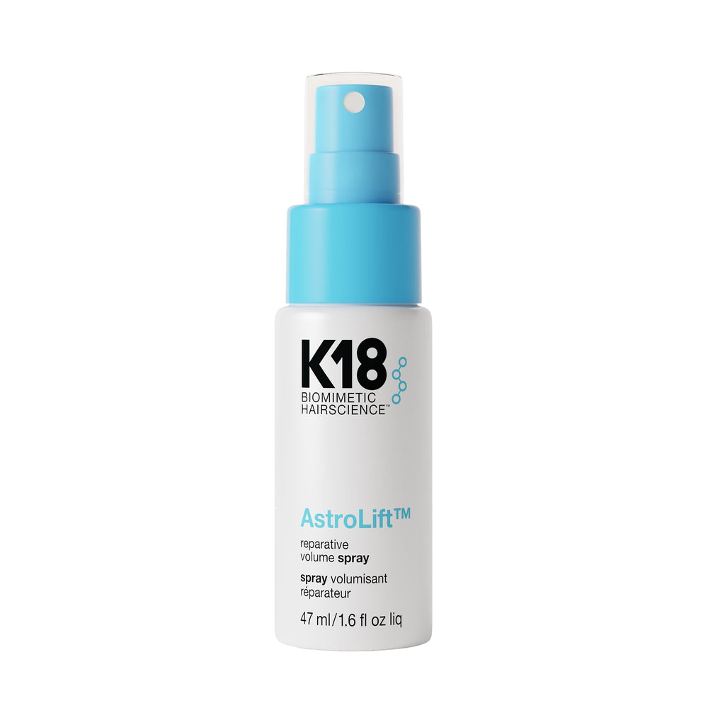 K18 AstroLift volume spray bottle delivers lift and fuller hair without weight.