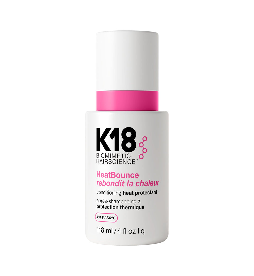 K18 HeatBounce bottle front showing the lightweight heat protectant for all hair types