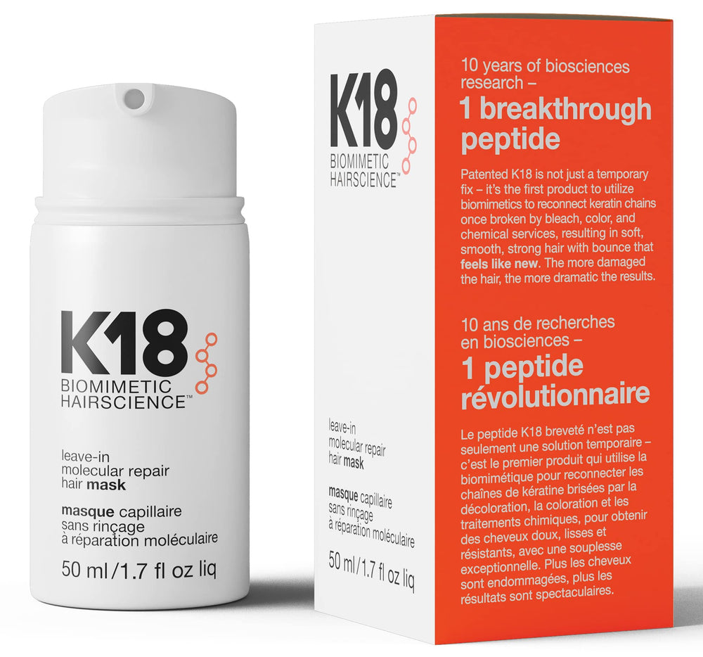 K18 Leave-In Molecular Repair bottle demonstrating repair for damaged hair.