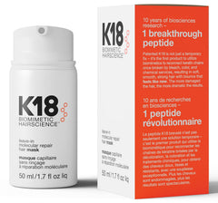 K18 Leave-In Molecular Repair bottle demonstrating repair for damaged hair.