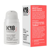 K18 Leave-In Molecular Repair Mask bottle close-up showing peptide-based renewal for damaged hair.